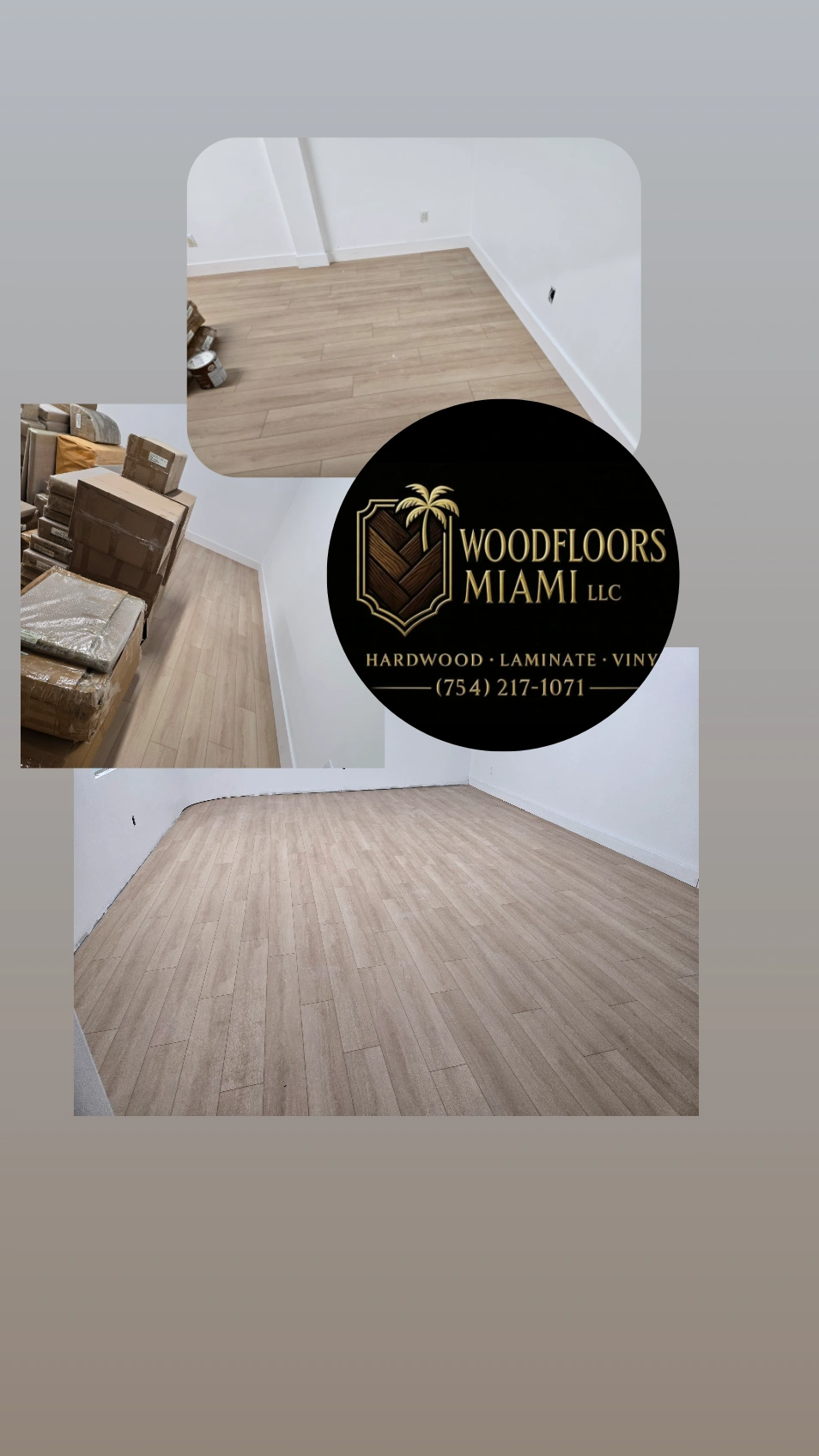 Wood Floors Miami collage showing completed light wood-look flooring in several rooms