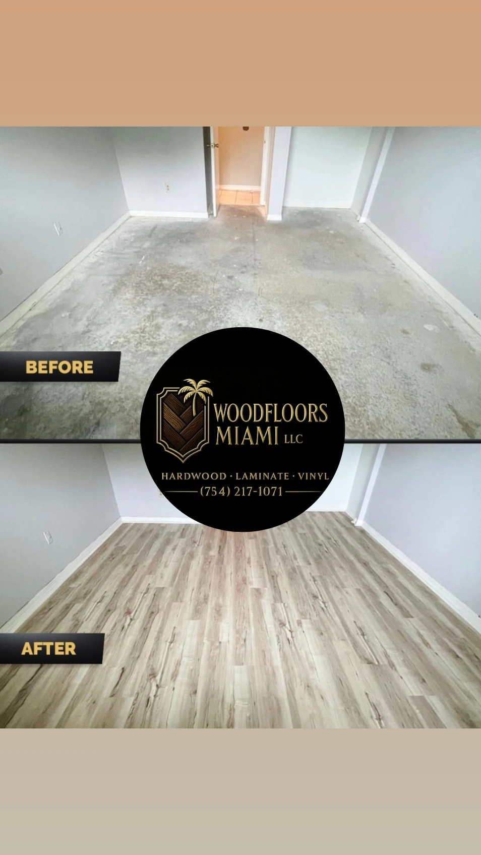 Wood Floors Miami before-and-after collage showing a bare floor and completed plank flooring