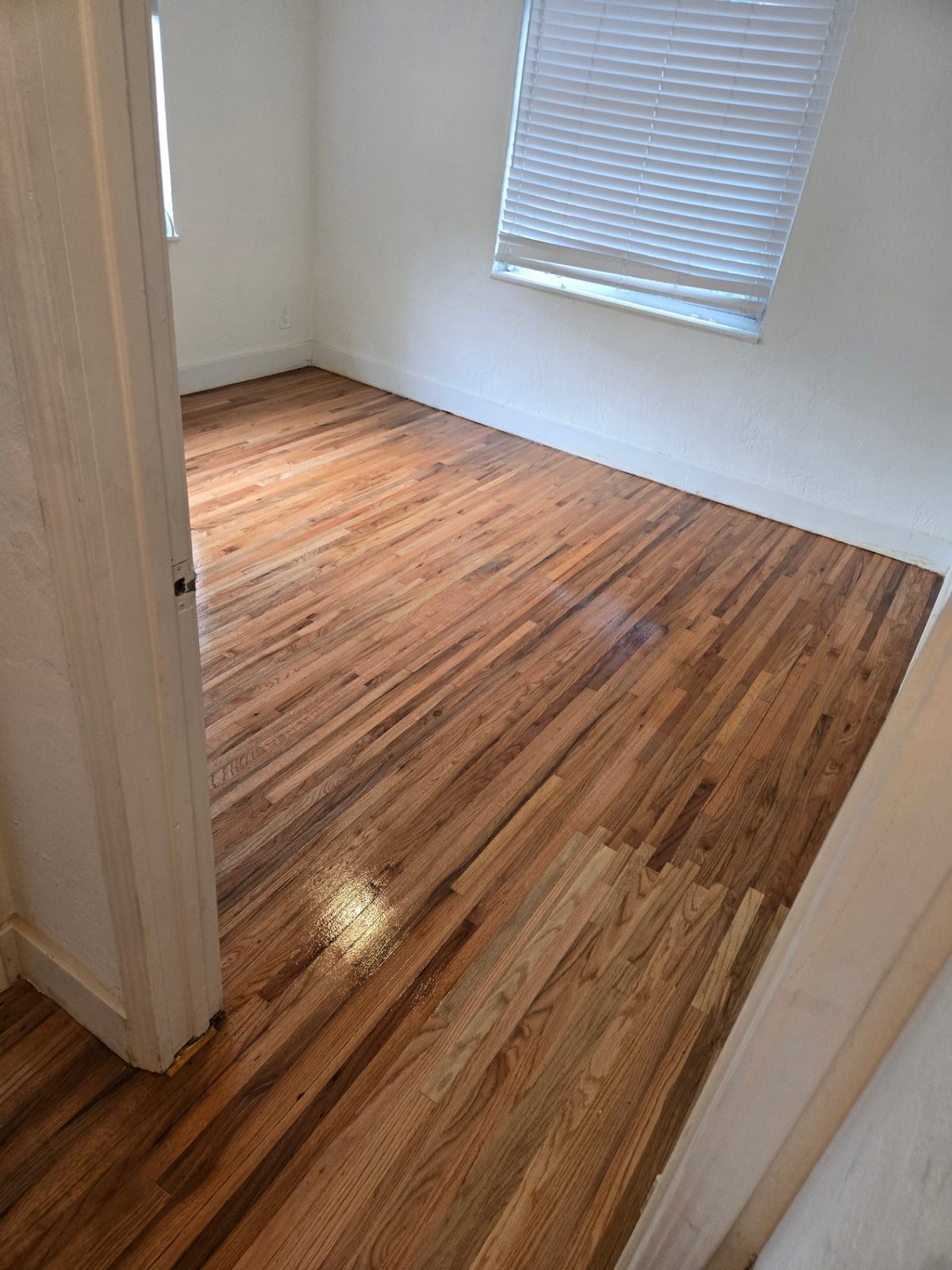 Completed refinished hardwood floor in a bright room of a Hollywood, FL home