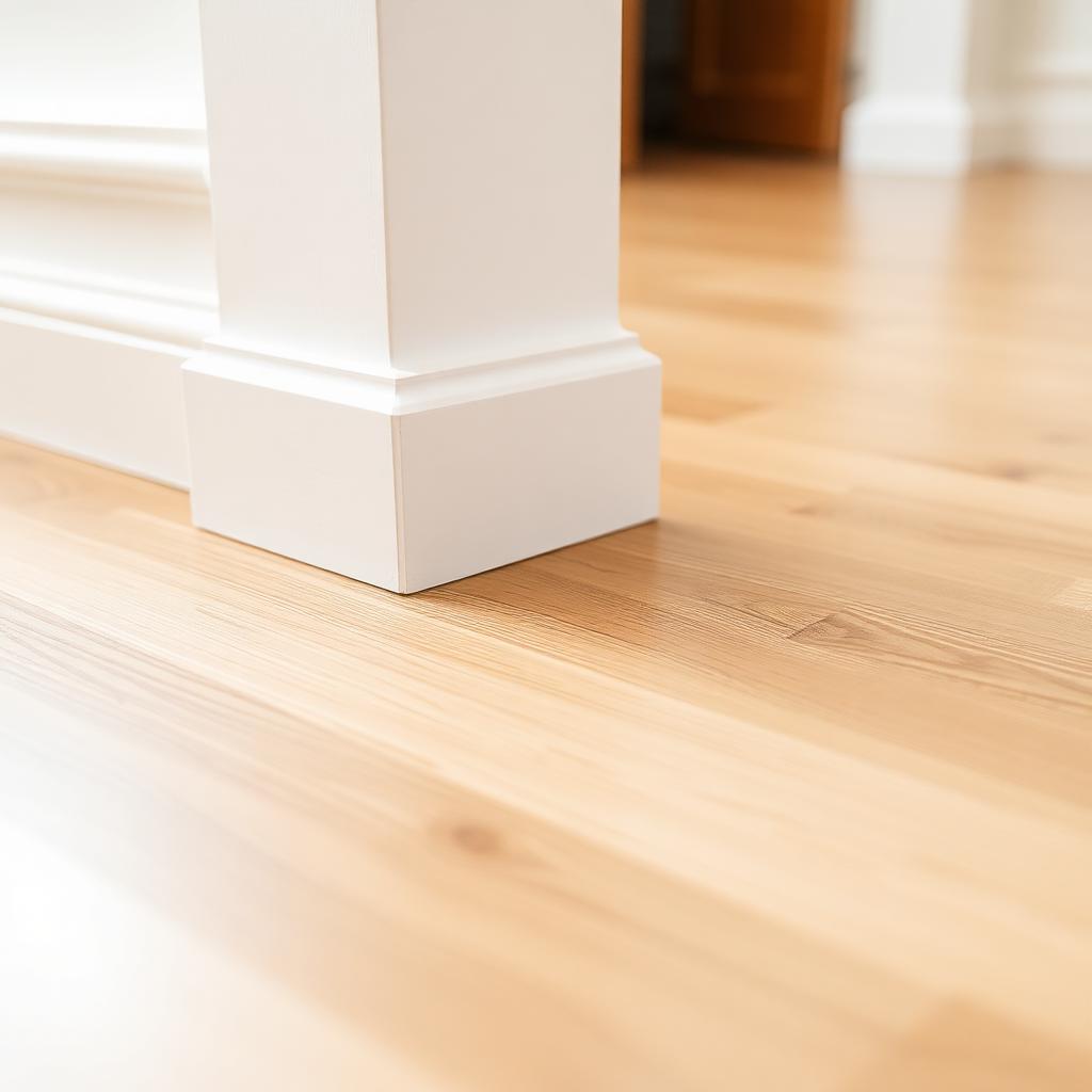 New white baseboard finished against a warm oak floor