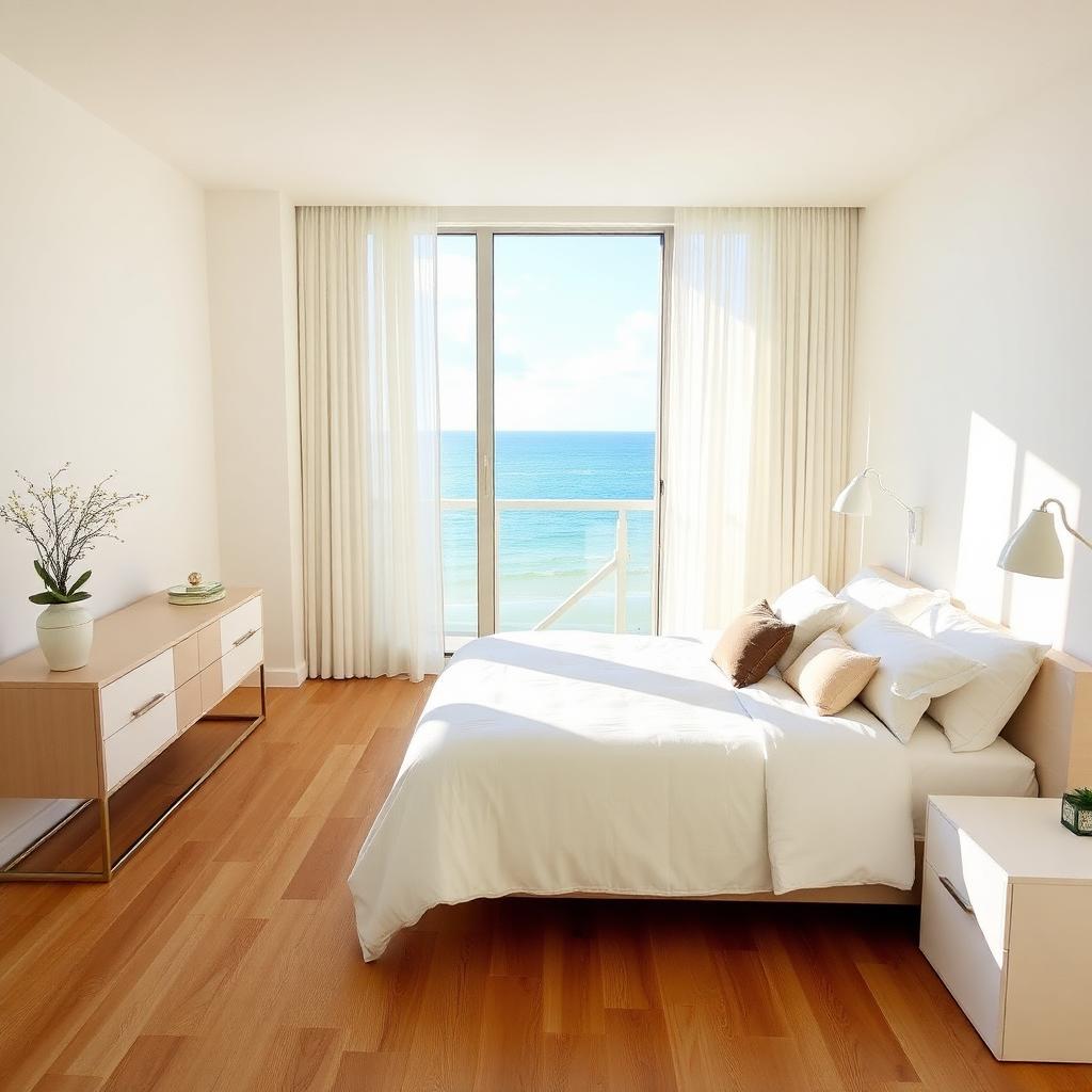 Engineered hardwood flooring in a coastal Miami bedroom