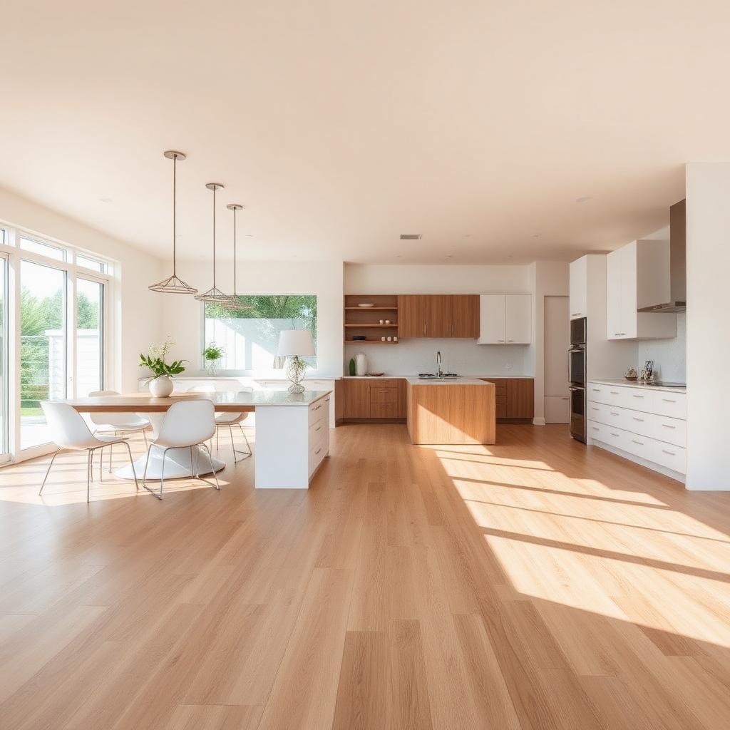 Continuous wood-look plank flooring through an open kitchen and dining area